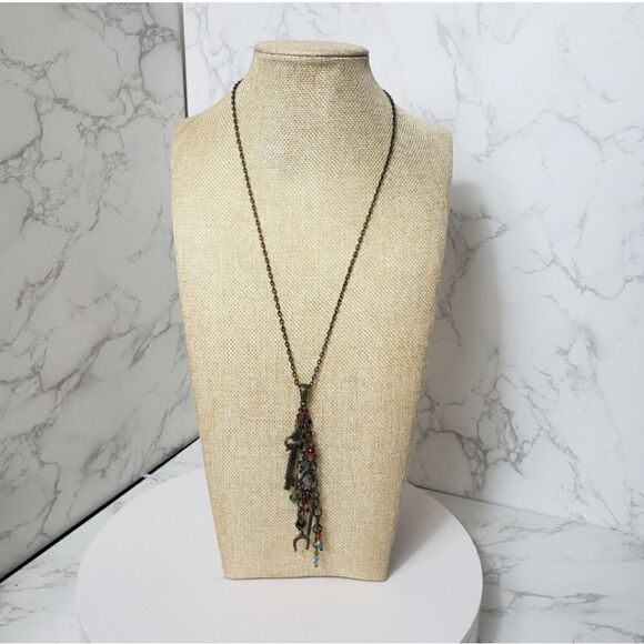 ARTISAN Dangling Wire Wrapped Beads And Charms Boho Necklace - Picture 3 of 7